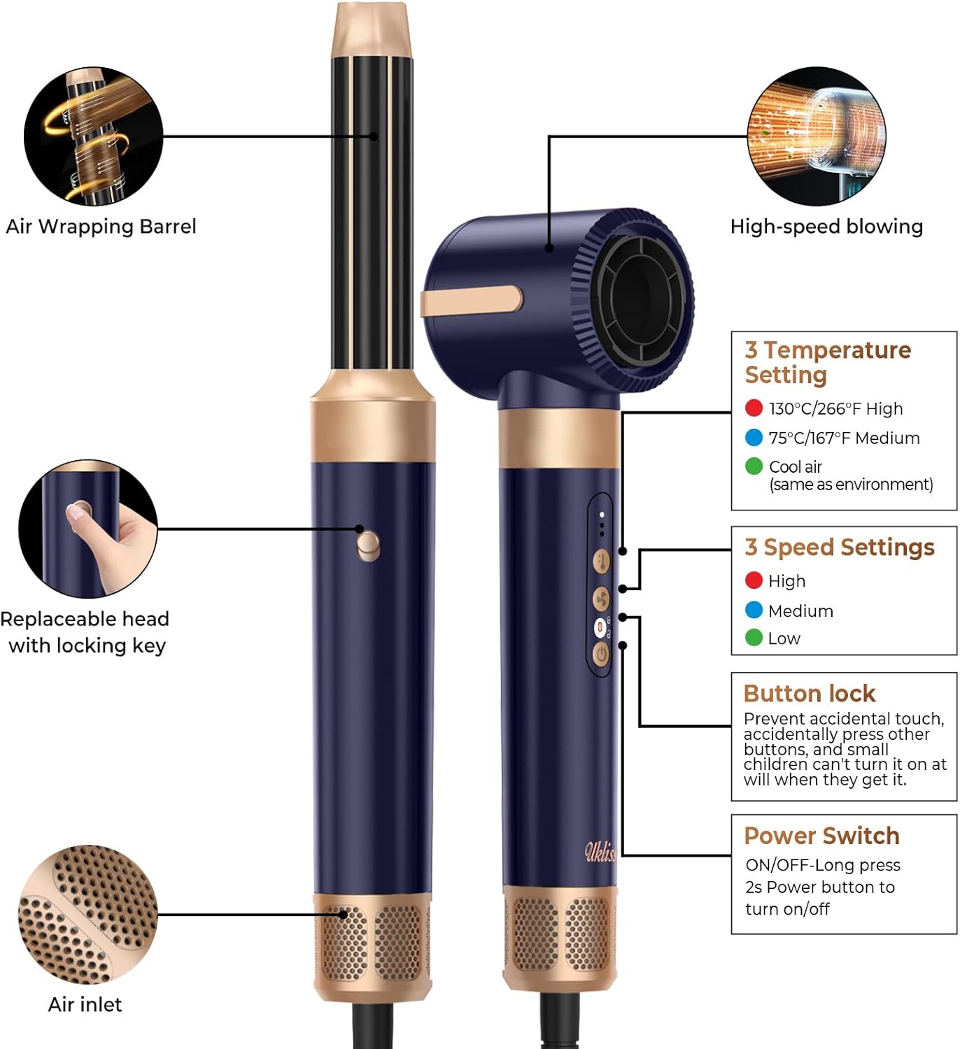 Sèche-cheveux Air Styler 7 en 1, 1400W, 3 températures, fer à boucler 30mm, diffuseur