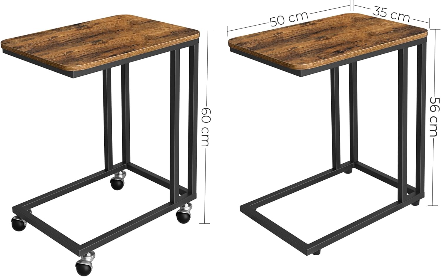 VASAGLE - table d’appoint série LNT - acier/bois, roulettes, montage facile, 50x35x65 cm, style industriel, LNT50X