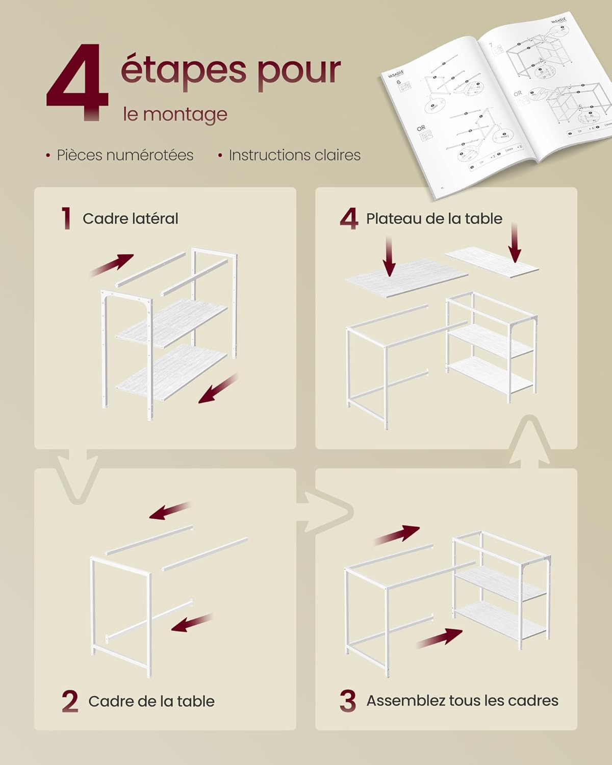 VASAGLE - Bureau en L avec rangement, étagères réglables, 110x80 cm, LWD135WF01