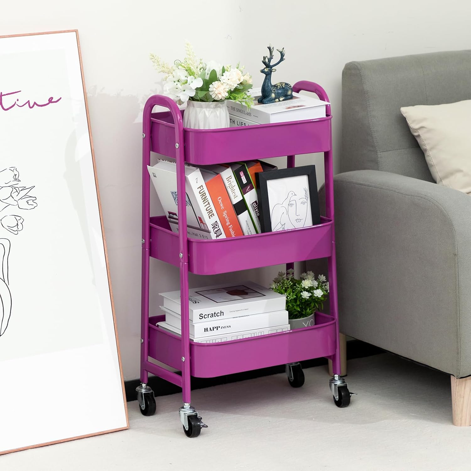 DOEWORKS - chariot rangement 3 niveaux métal roulettes 40x30x86cm, bleu/violet