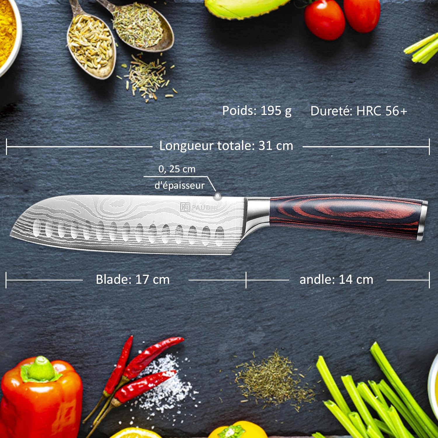 PAUDIN - Couteau Santoku série Pro - 17 cm - inox allemand, poignée ergonomique, boîte cadeau