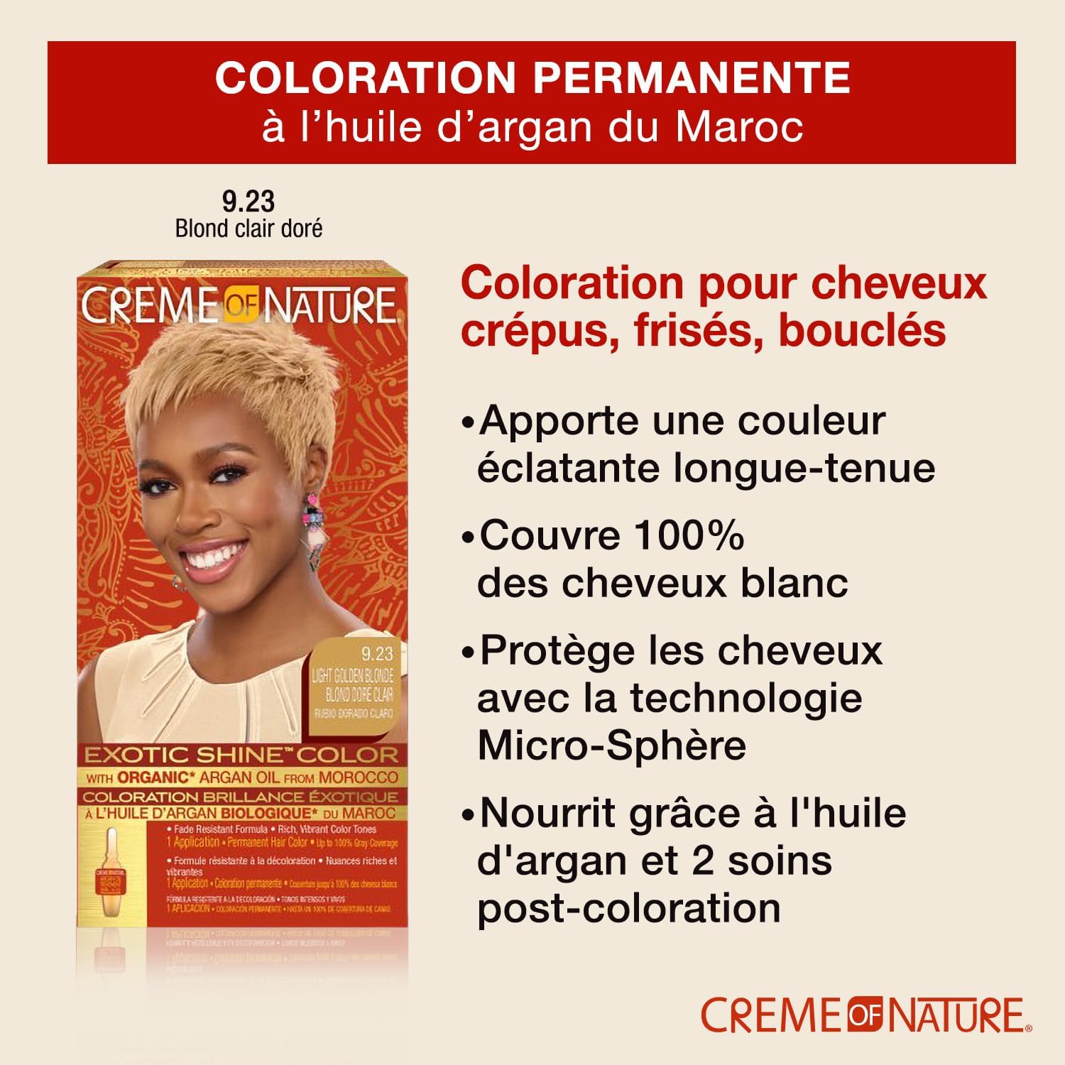 Creme of Nature - Argan Oil coloration permanente - 9.23 blond clair doré - couvre 100% cheveux blancs, adaptée cheveux 