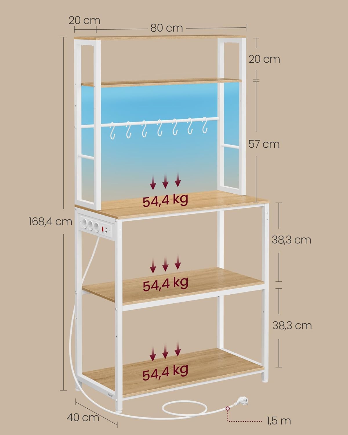 VASAGLE Étagère de Cuisine avec LED, Meuble de Cuisine avec Multiprise, Support pour Micro-Ondes avec Étagères Réglables, 8 Crochets, 40 x 80 x 168,4 cm, Doré Chêne et Blanc Mat KKS050YA01