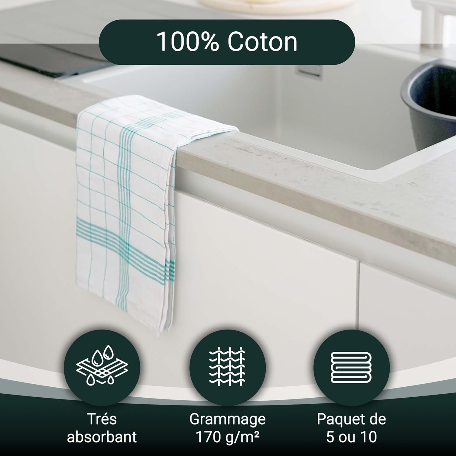 ZOLLNER - torchons 5 pièces - 50x70 cm - 100 % coton, vert