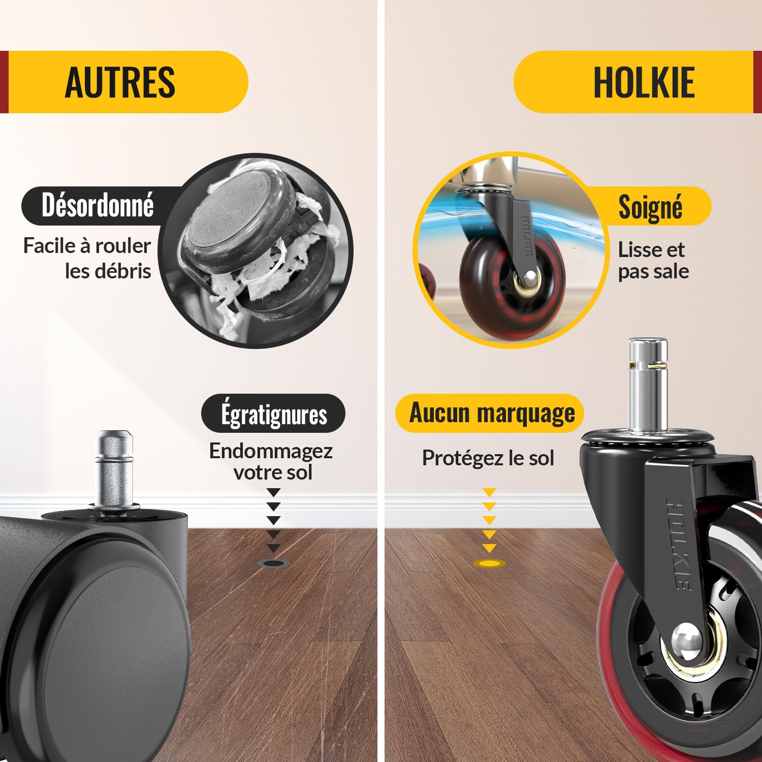 HOLKIE - roulettes chaise bureau - 10x22mm - lot de 5, caoutchouc, rouge, compatible bois/tapis