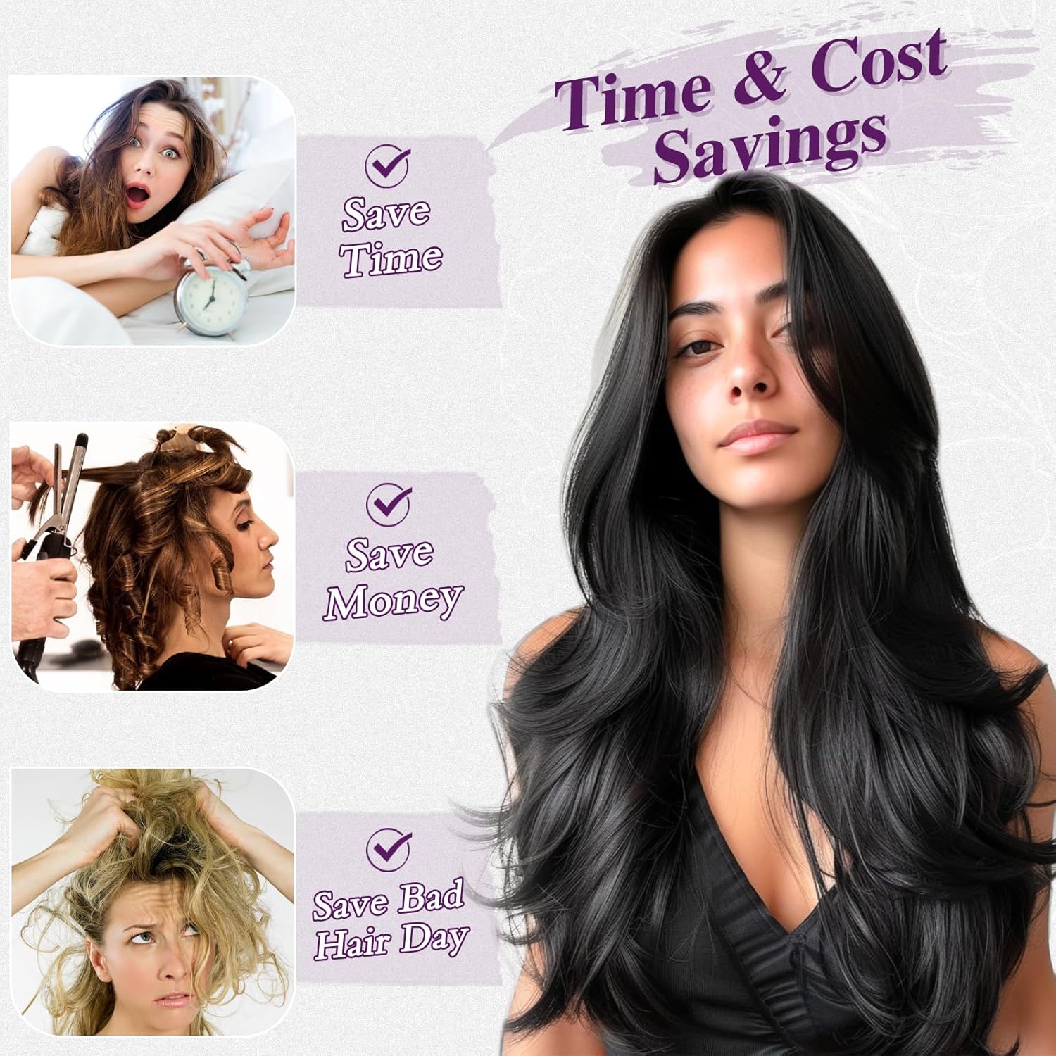 BARSDAR - extensions clip noir ondulées 50cm, lot 5pcs, synthétique