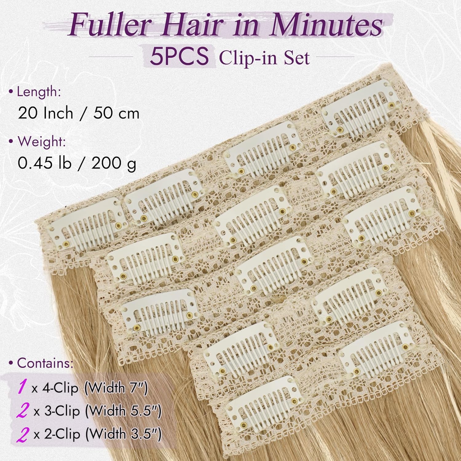 BARSDAR - Extension à clips ondulée 50cm, blond doré, 5pcs, synthétique