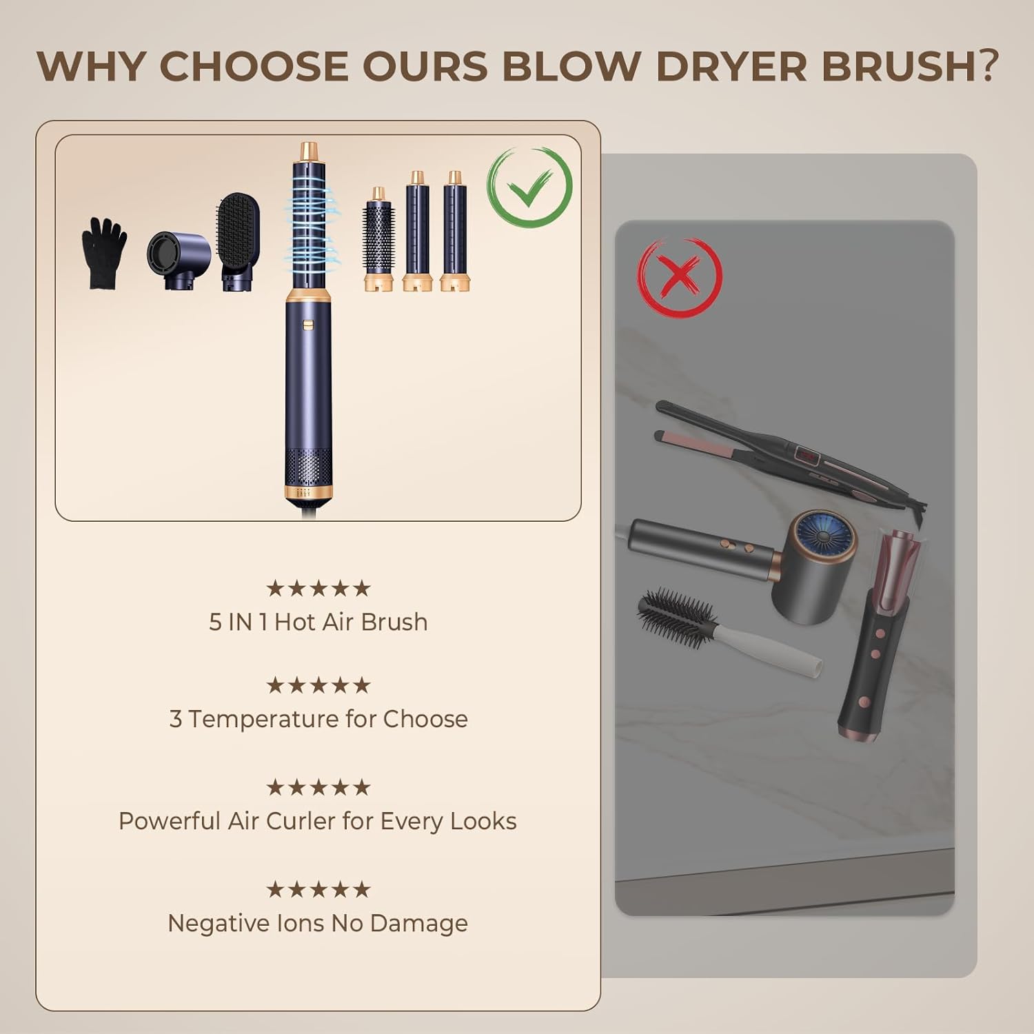 Brosse soufflante 5 en 1 - séchage, boucles, lissage, air chaud