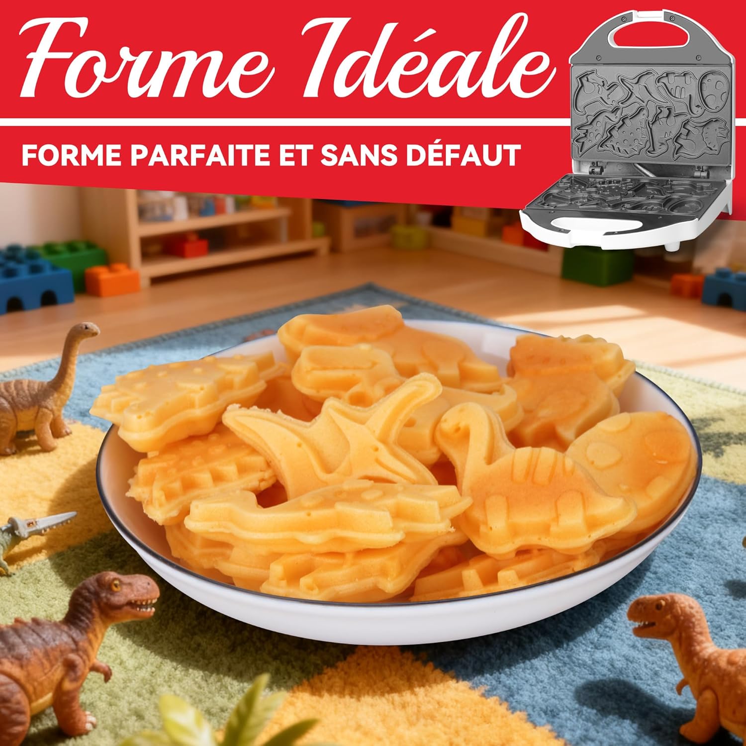 Mini gaufrier - Dinosaures - blanc - 8 motifs dinosaures, multifonction