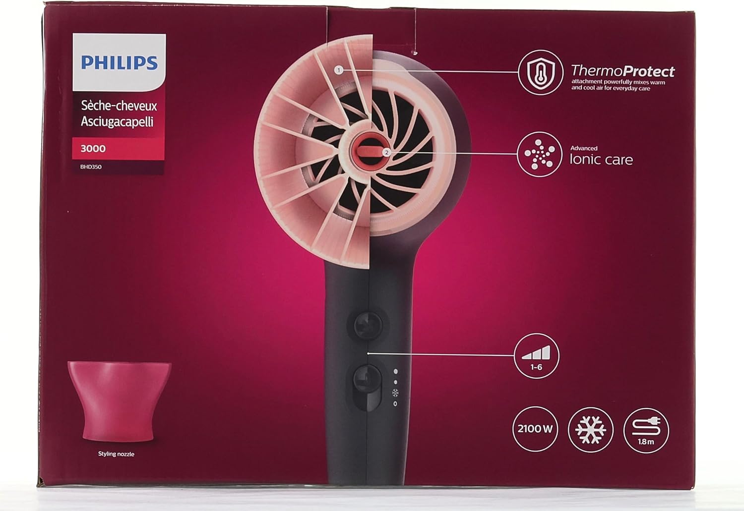 Philips - Sèche-cheveux Série 3000 - 2100W, ionique, 6 vitesses, ThermoProtect, BHD350/10