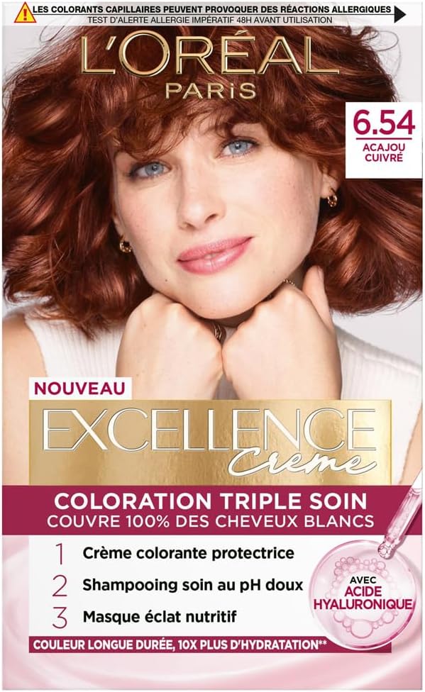 L’ORÉAL PARIS - Excellence Crème - coloration permanente, couvre 100% des cheveux blancs, nuance Acajou Cuivré 6.54