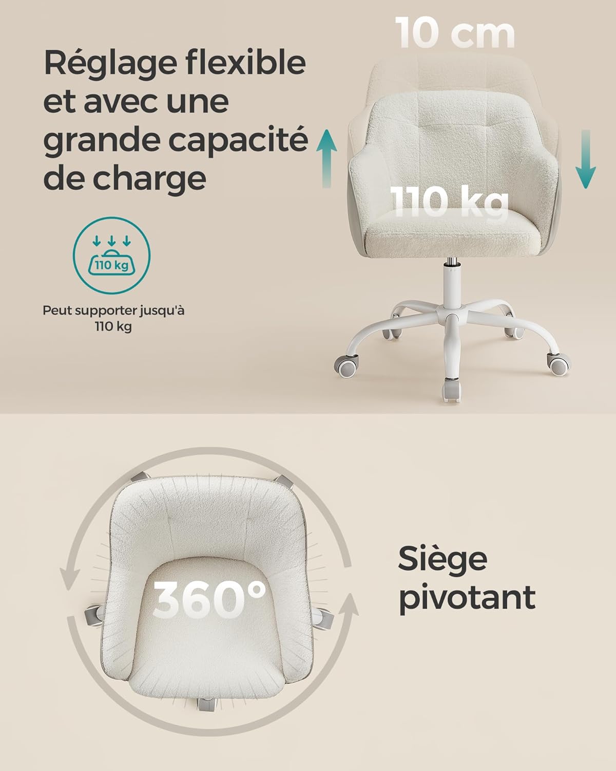 SONGMICS - chaise de bureau ergonomique, cadre acier, tissu respirant, réglable, 110kg, OBG019W01