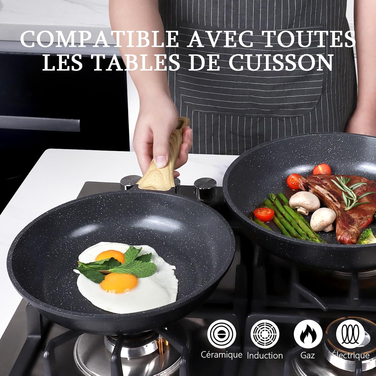 GiPP - Poêle à frire Granite série - 24cm - antiadhésive, induction, couvercle, sans PFAS/PFOA