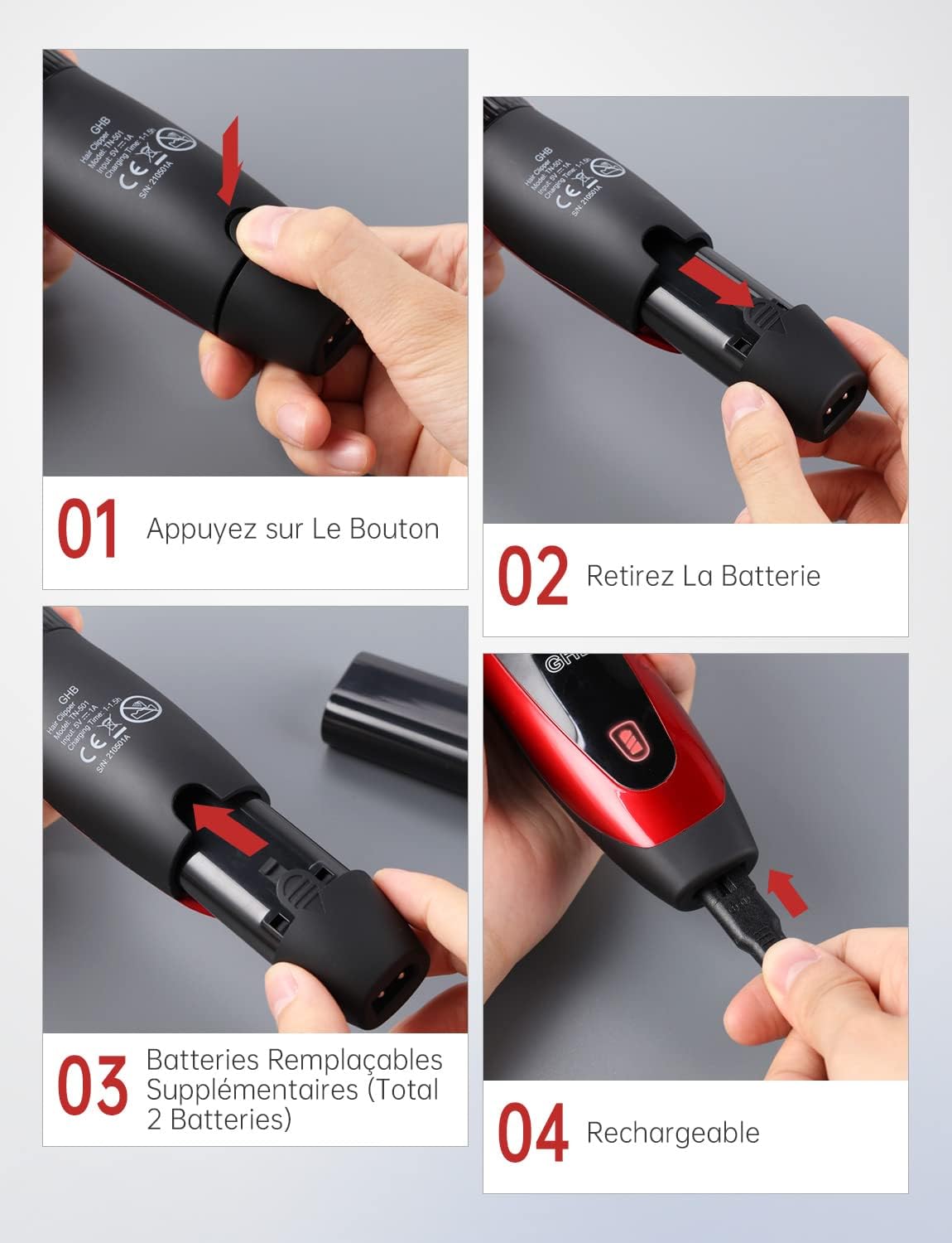 GHB - Tondeuse cheveux pro sans fil, 7 peignes, 2 batteries lithium