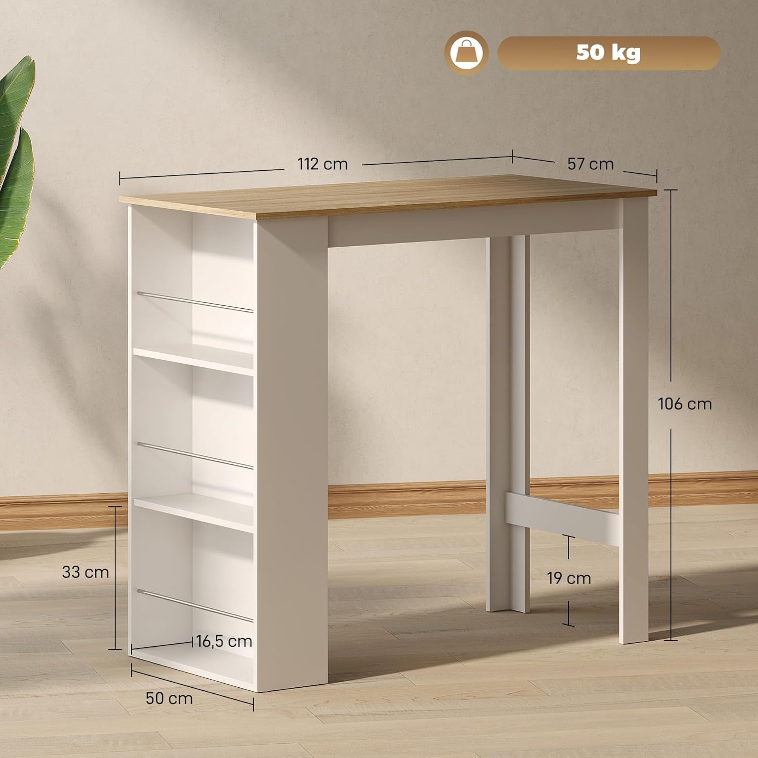 HOMCOM - Table mange-debout, 112x57x106 cm, 3 étagères, chêne clair