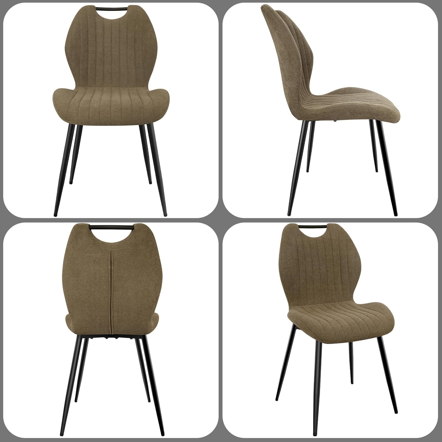 Chaises de salle à manger - tissu kaki, pieds métal, lot de 2, dossier confortable