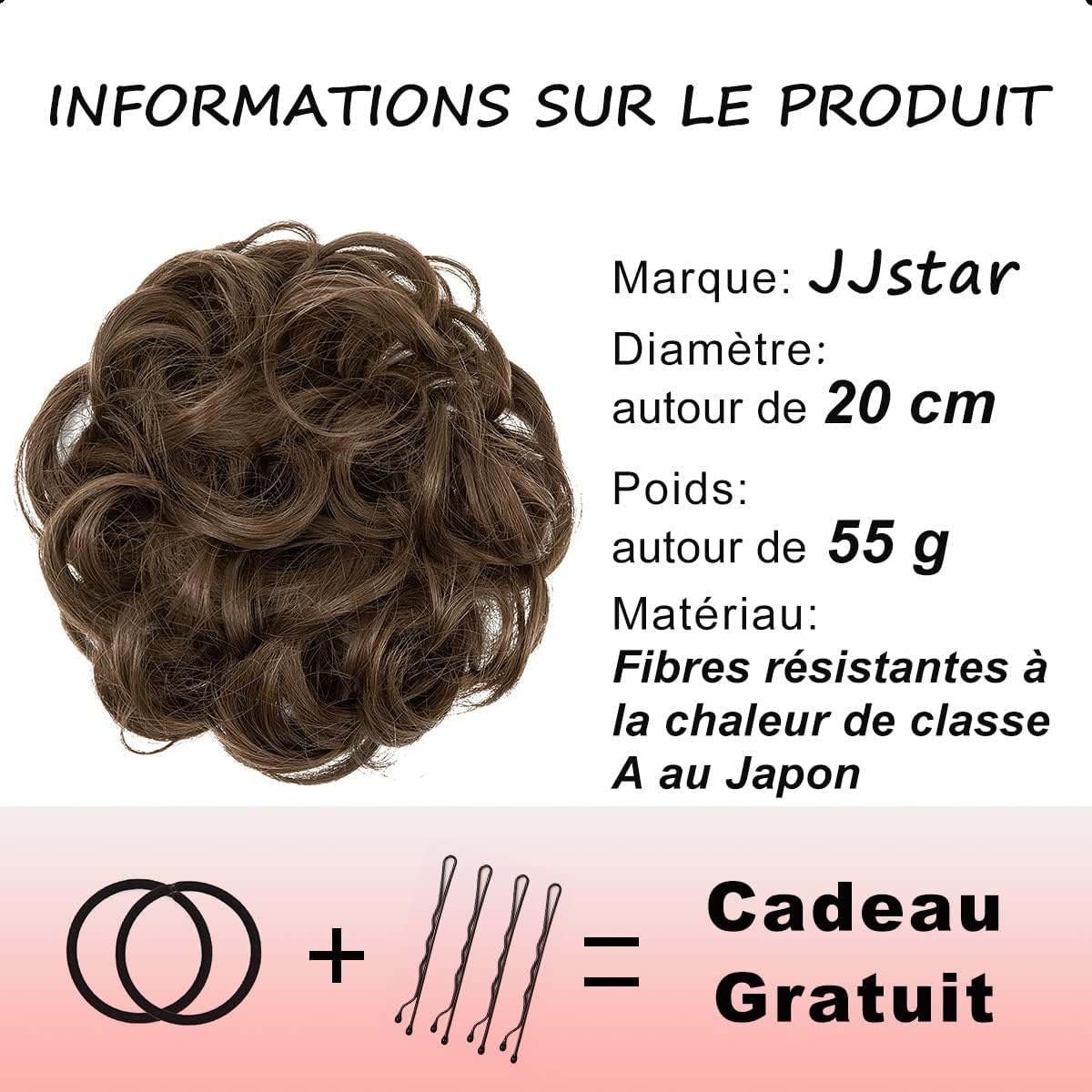 JJstar - Chignon Postiche bouclé, élastique, brun cendré, cheveux synthétiques