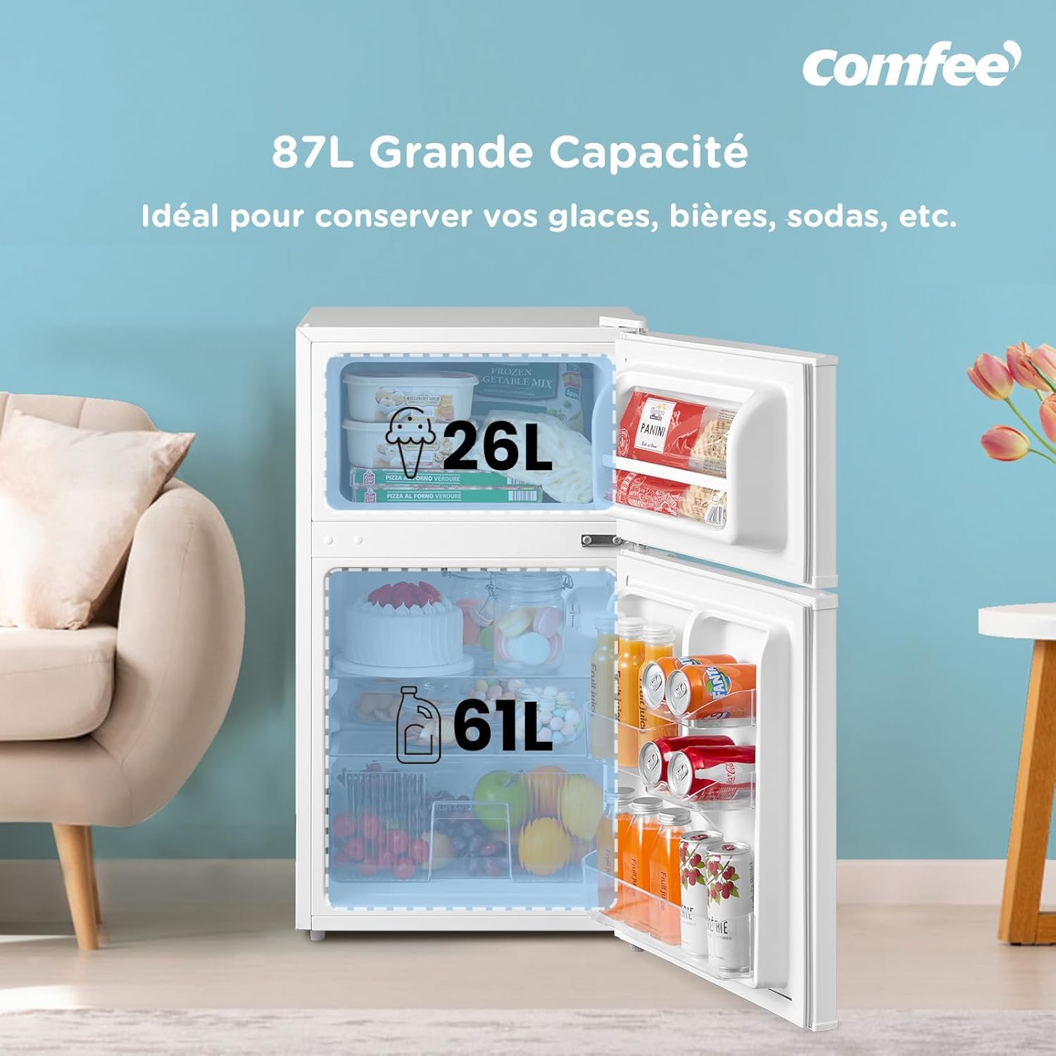 COMFEE' - réfrigérateur sous plan 87L - étagères amovibles, porte réversible, éclairage, thermostat réglable - RCT87WH2(