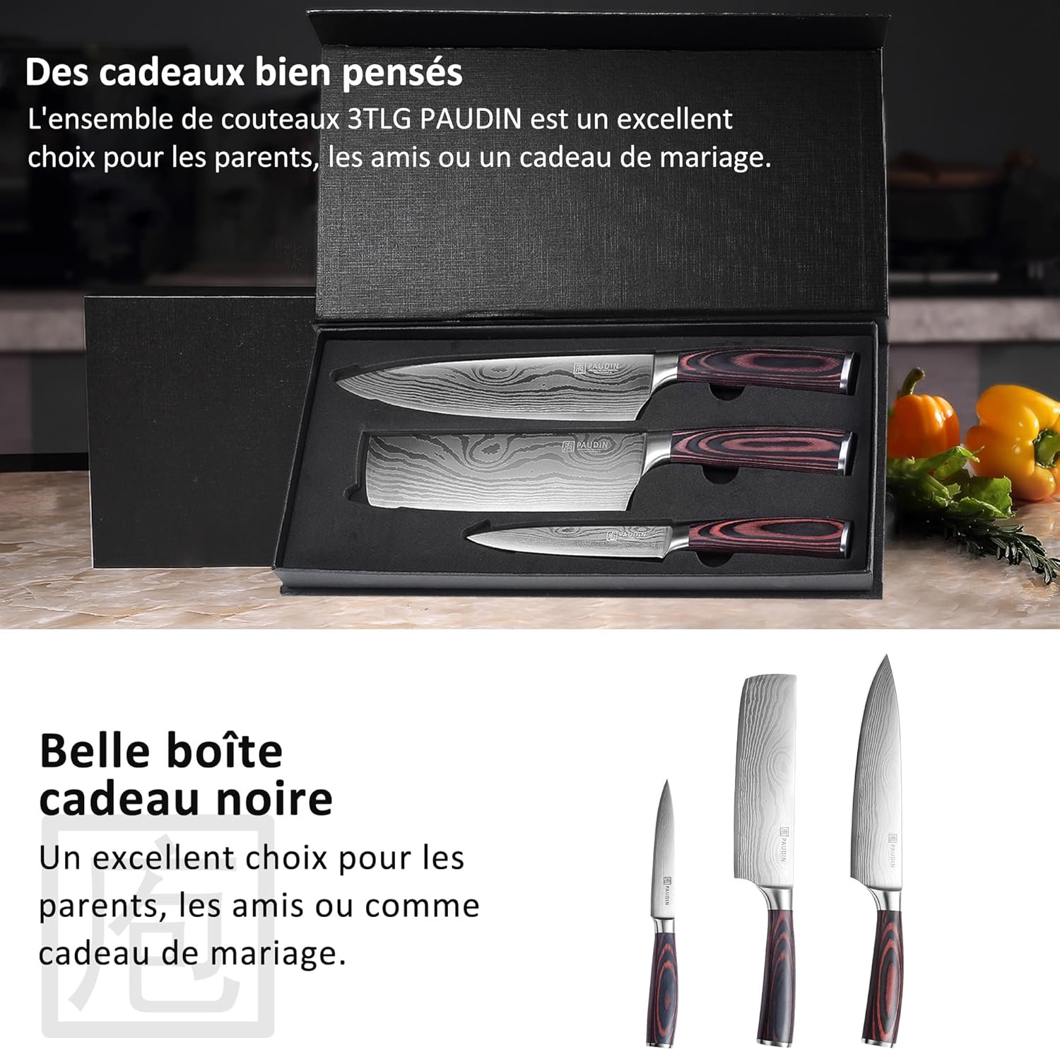 PAUDIN - Set de couteaux (série chef) - 20/17/13cm - inox allemand, manche bois