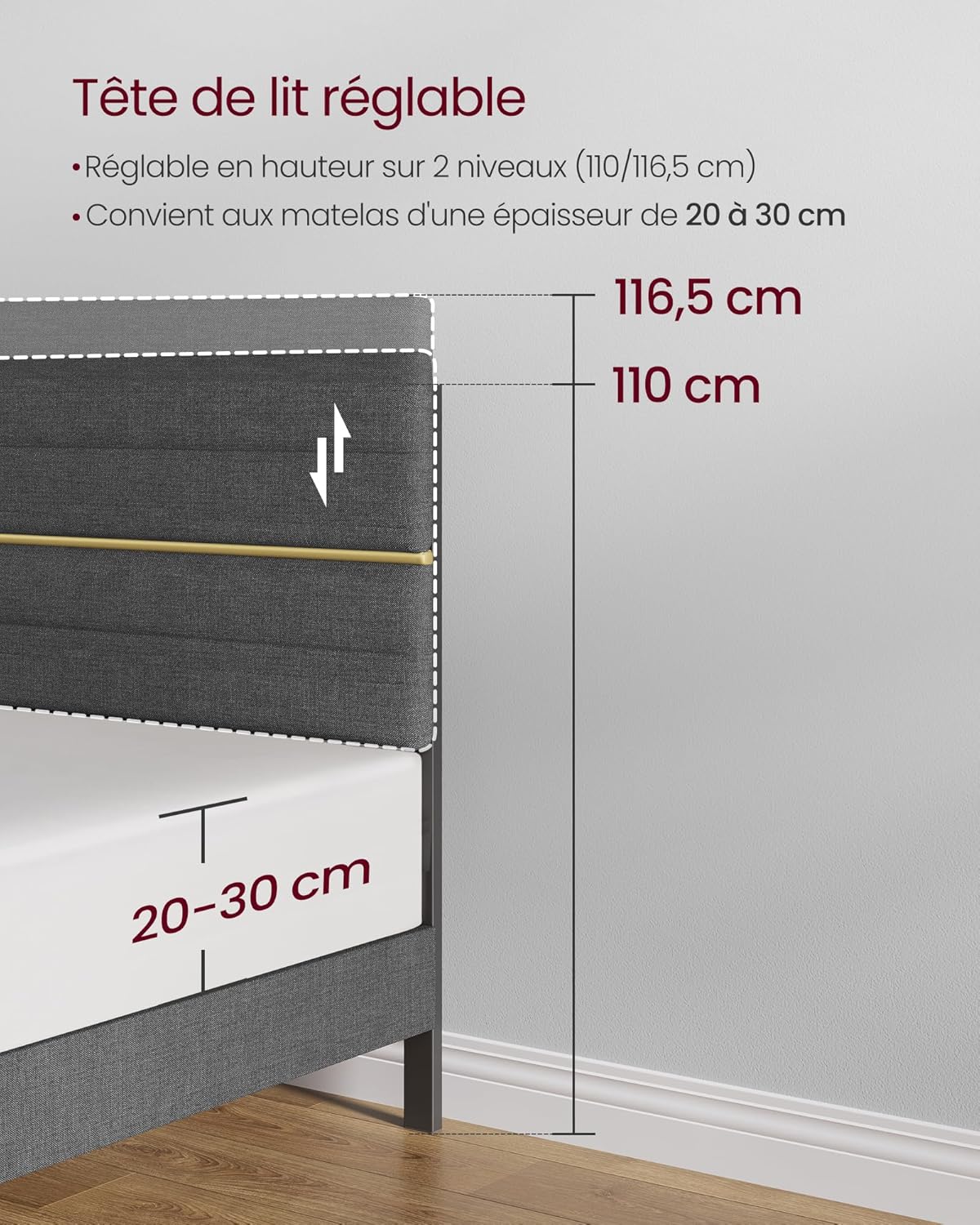 VASAGLE - lit double série RMB503G01 - 140x190 cm - métal, bois massif, tête de lit ajustable, gris ardoise RMB503G01