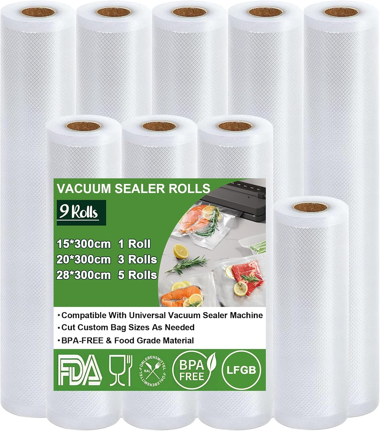Sac sous vide alimentaire - rouleaux 15x1/20x3/28x5x300cm - sans BPA, certification FDA LFGB