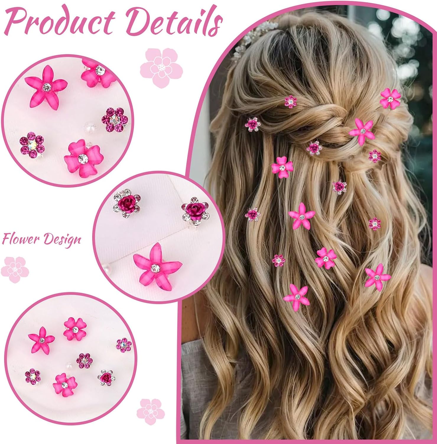 Pinces à cheveux - lot de 20 - mini strass fleurs, métal, mariage