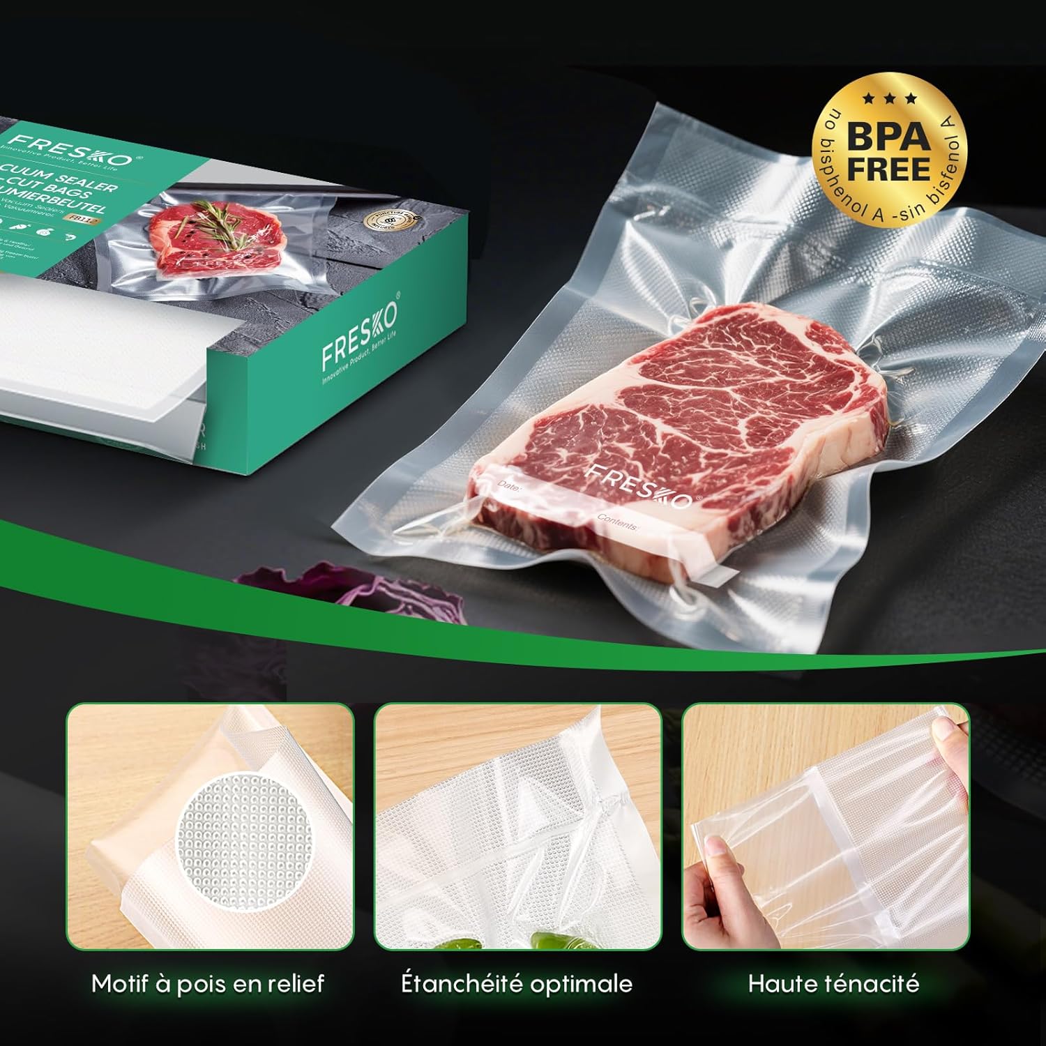FRESKO - sacs sous vide alimentaires - 20x30cm, 120pcs, sans BPA, cuisson/congélation