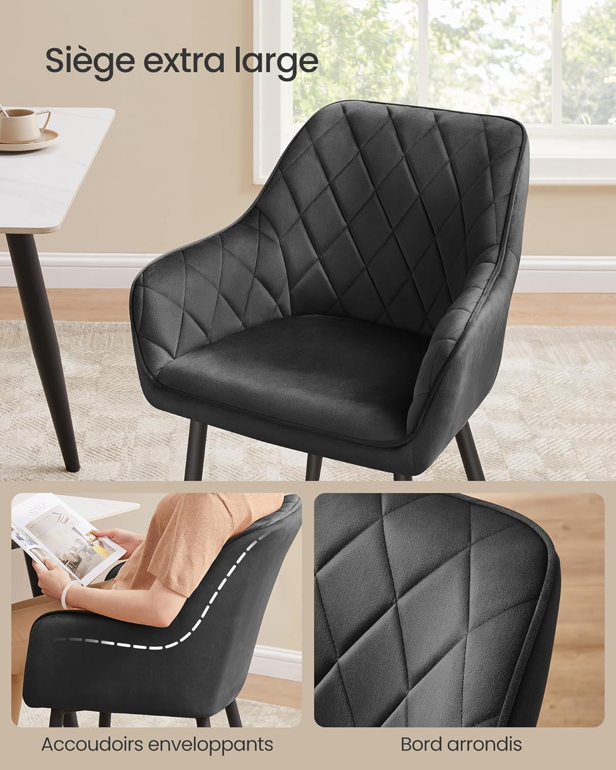 SONGMICS - chaise salle à manger, velours, pieds métal, 49 cm, 120 kg, LDC088B01