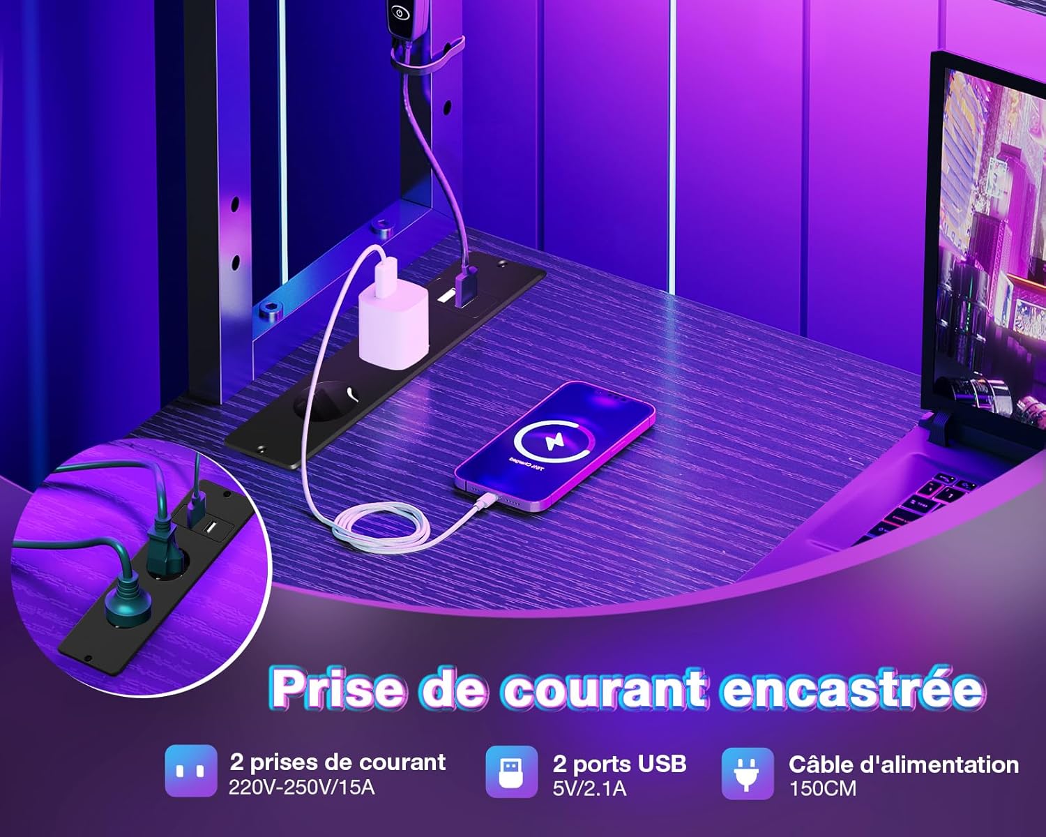 Coleshome - Bureau gaming LED réversible 135x100cm, étagères, rangement