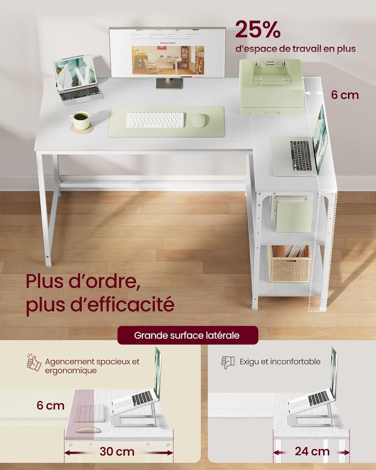 VASAGLE - bureau gaming réversible 120x80cm, étagères réglables, LWD136WF01