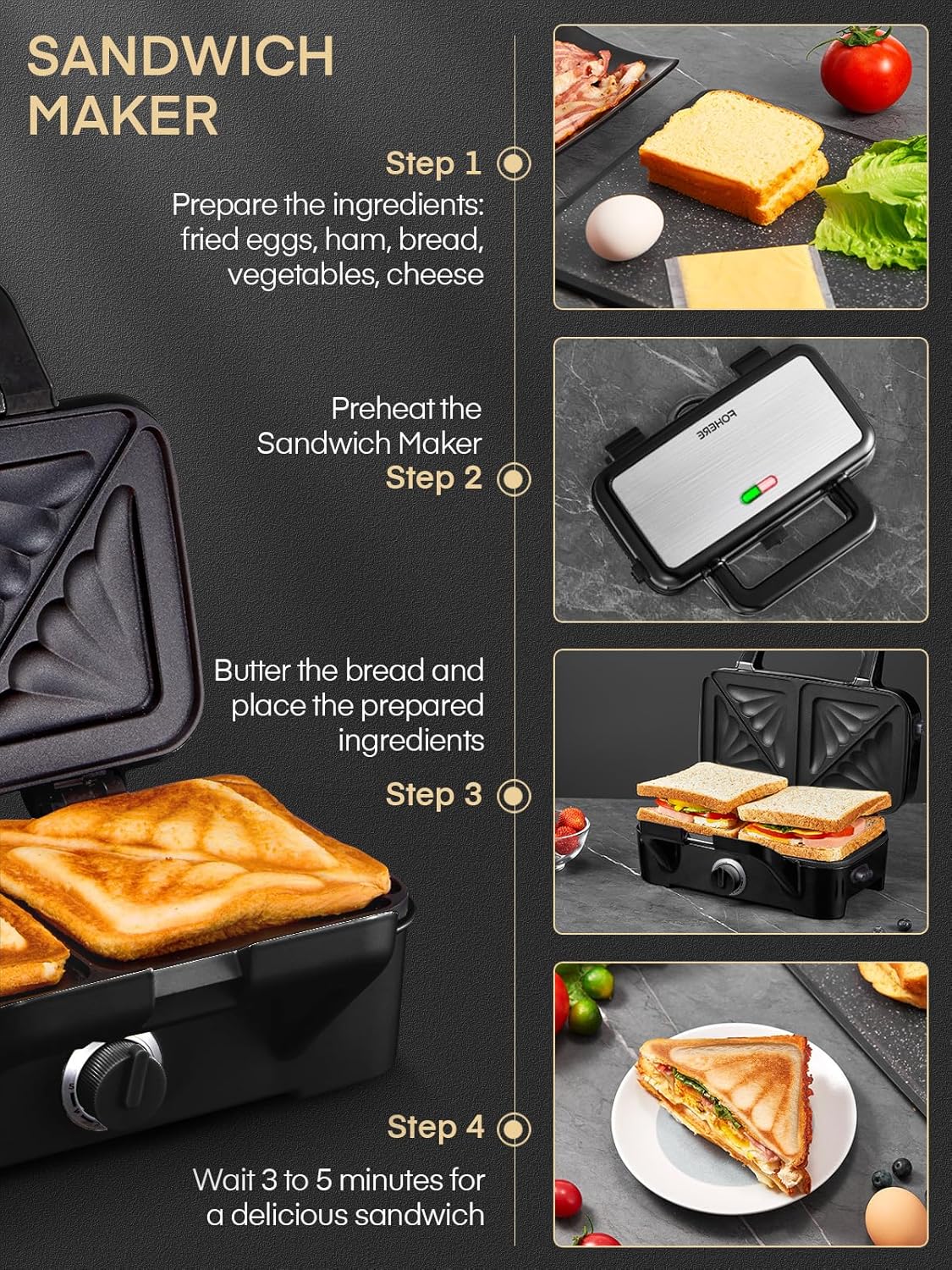 FOHERE - Gaufrier 3 en 1 - 1200W - 5 vitesses, plaques amovibles, surface antiadhésive