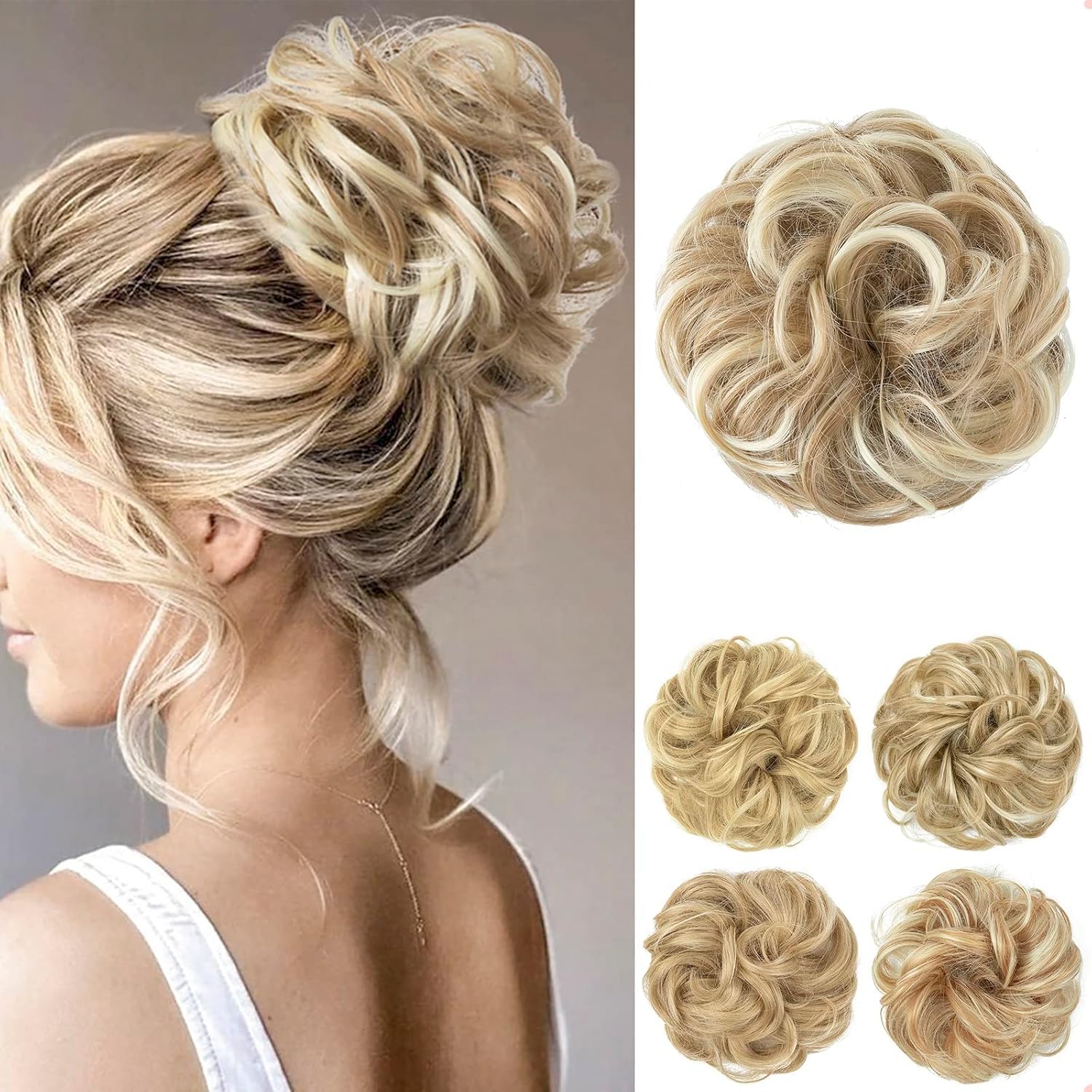 JJstar - Chignon Postiche Bouclé, élastique, cheveux naturels, blond