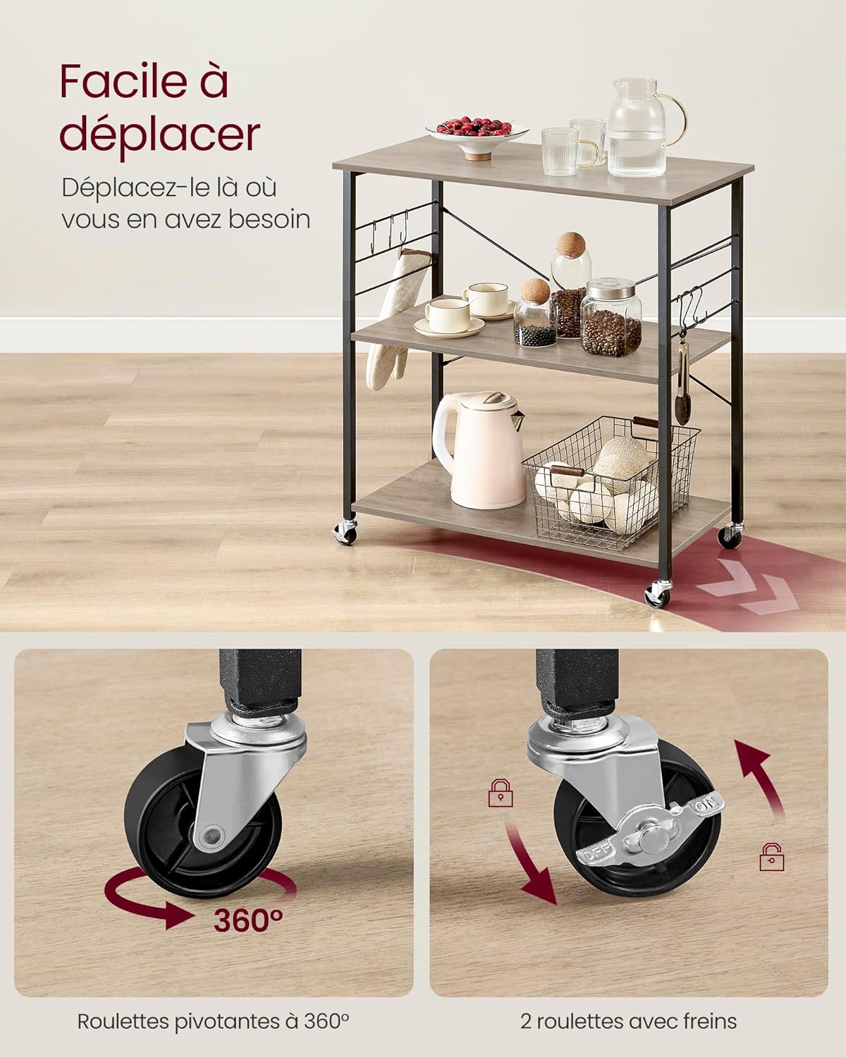 VASAGLE - étagère cuisine à 3 niveaux, roulettes, 80x40x89 cm, 6 crochets KKS067K02
