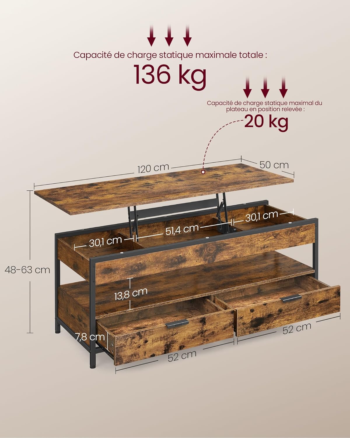 VASAGLE - table basse série LCT252K01 - 50x120cm - plateau relevable, tiroirs, compartiment caché