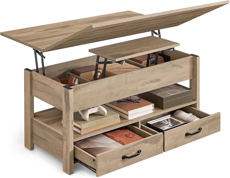 VASAGLE - table basse relevable série LCT - tiroirs, gaz, marron camel - LCT254L01