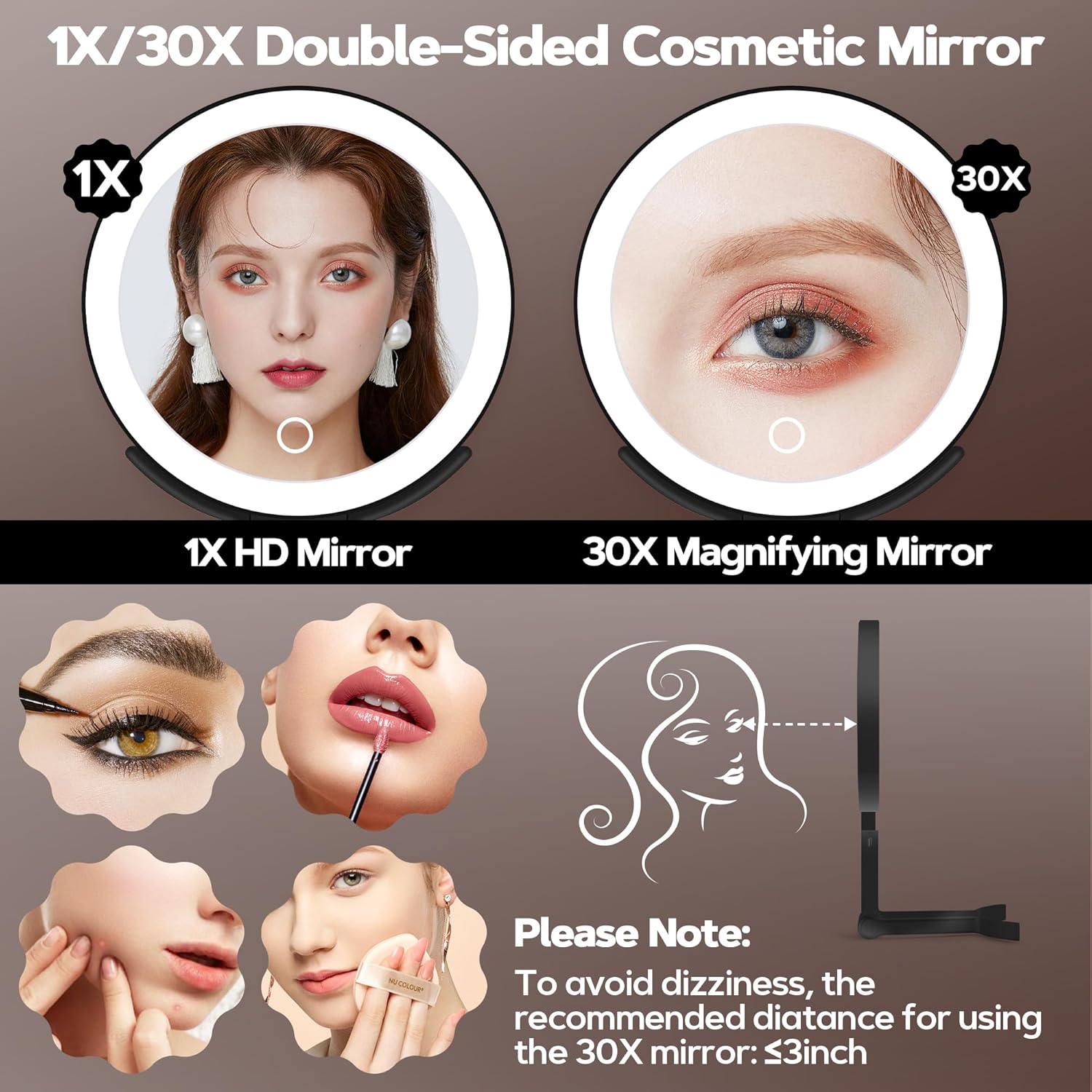 B Beauty Planet - miroir maquillage double face 30X/1X - lumière réglable & pince - pliable, noir