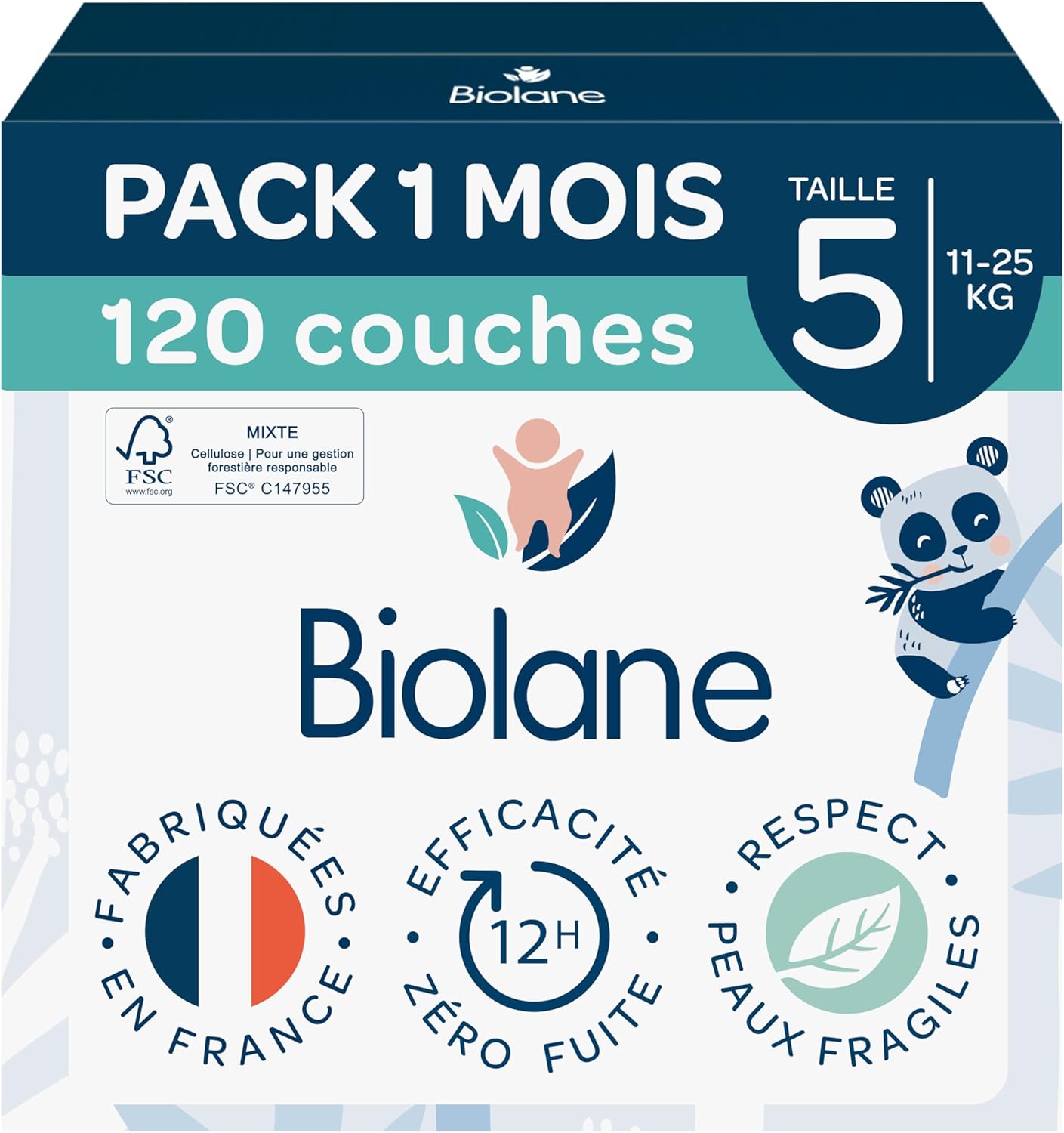 Biolane - couches taille 5 (11-25 kg) - ultra absorbantes, 12h sec, pack 120