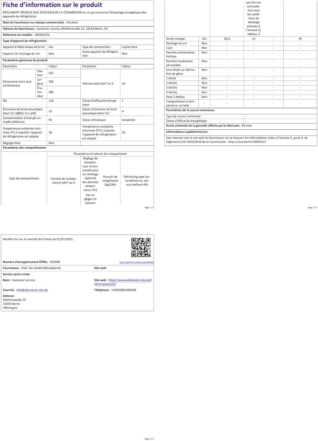 Klarstein - Mini Frigo 42L - étagères réglables, silencieux, 12-18°C