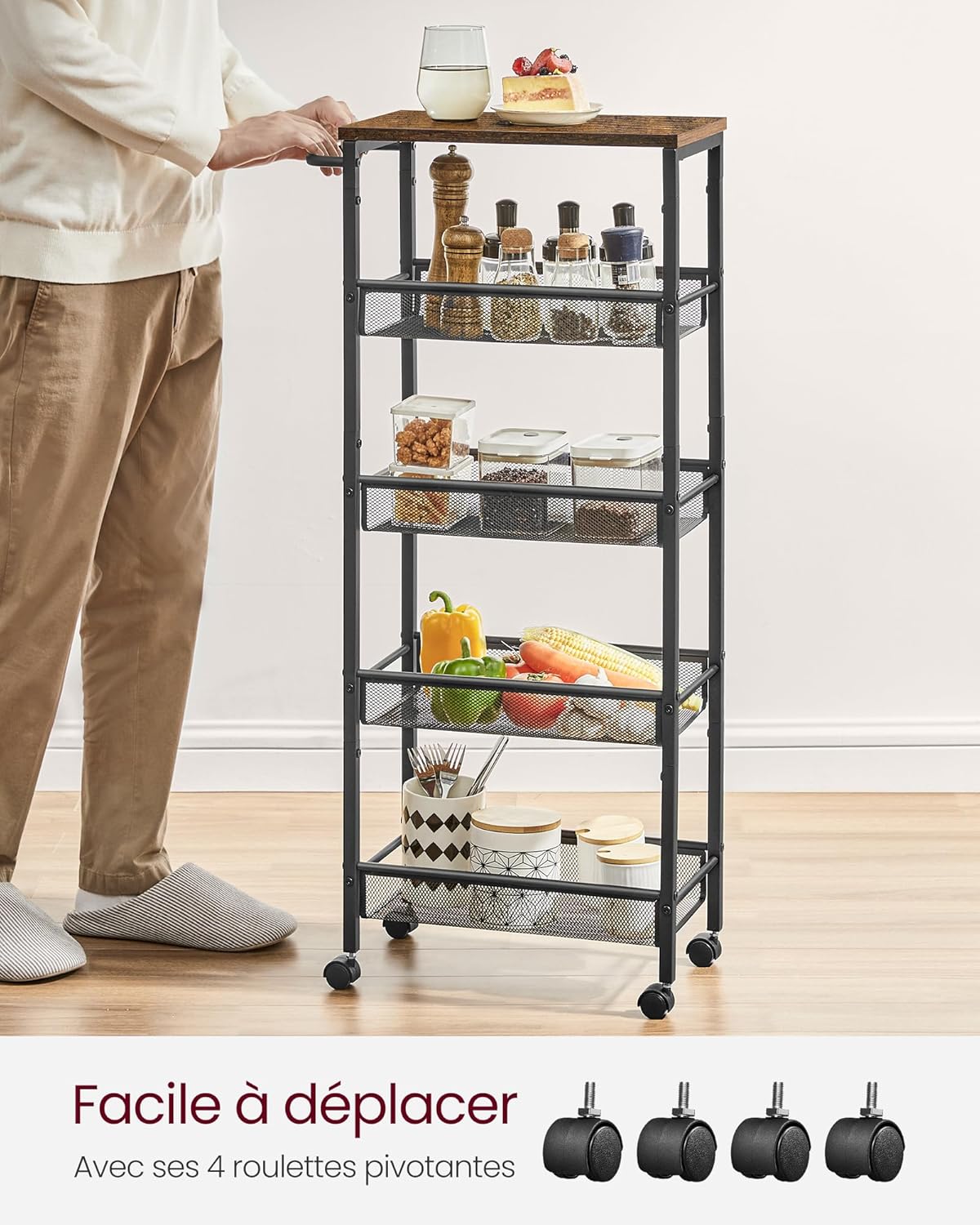 VASAGLE - desserte cuisine 5 niveaux - 22x45,4x99,6 cm - roulettes, acier, poignée, LRC035B01