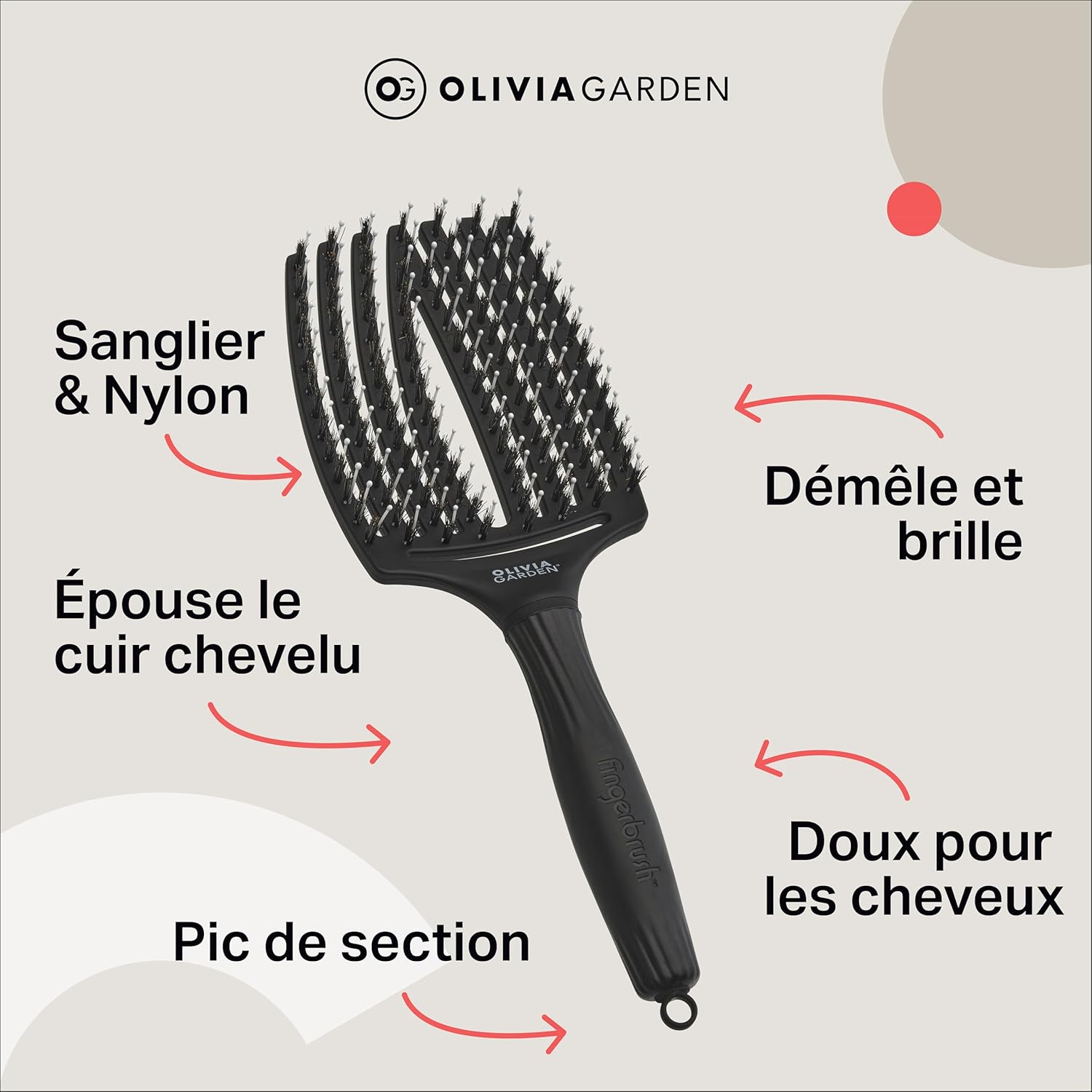 Olivia Garden - Fingerbrush Care Iconic - démêlage cheveux, poils sanglier et nylon, brillance et douceur