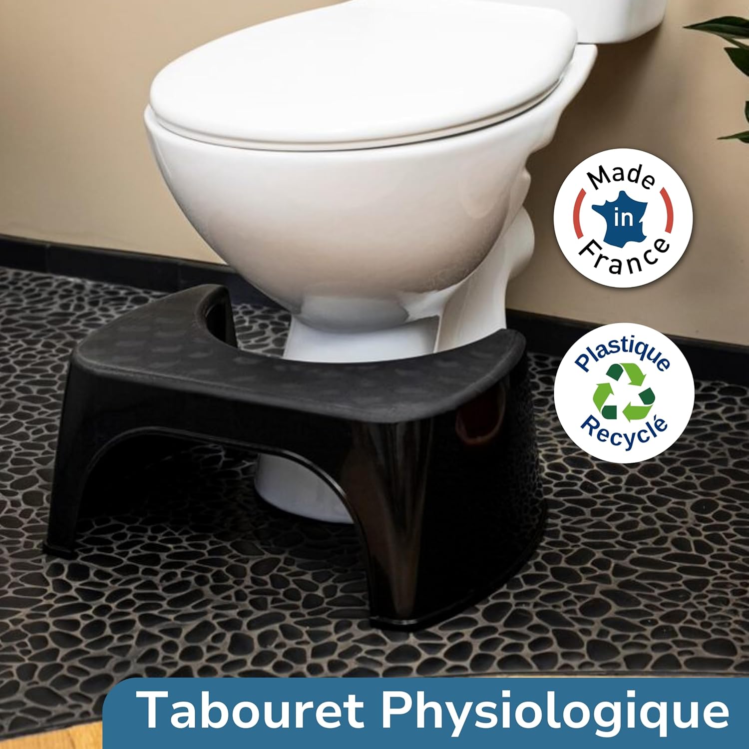 Tabouret de toilette - plastique recyclé noir - fabriqué en France - position squat anti constipation - dimensions compa