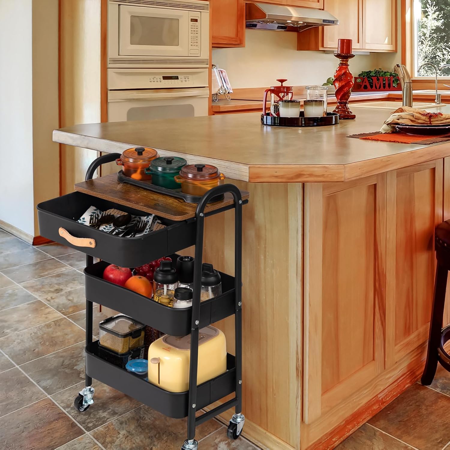 DOEWORKS - chariot 3 niveaux métal avec tiroir, roues, cuisine/bureau, noir