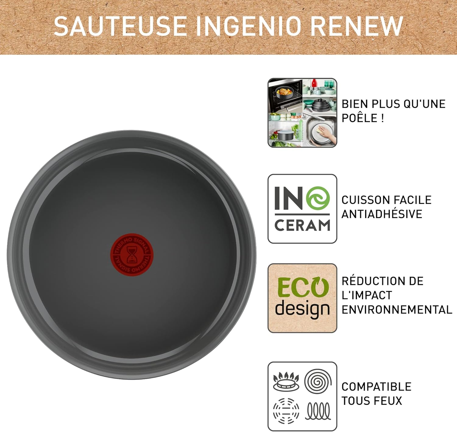 Tefal - Ingenio Renew sauteuse 24cm, induction, revêtement céramique, L2603502