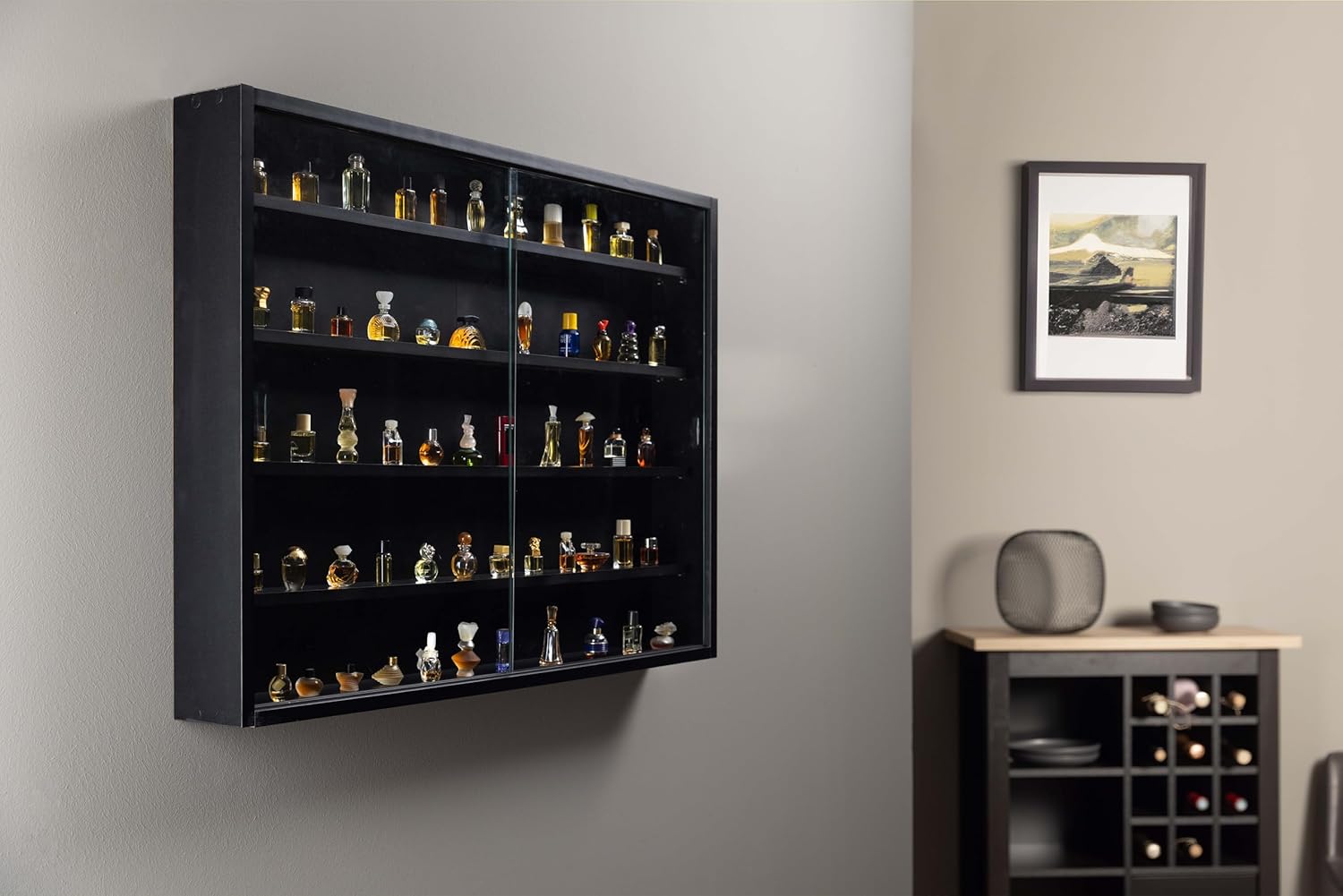 Inter Link - vitrine murale Blacklava - 80x60x9.5cm - 5 compartiments, 4 étagères, MDF noir