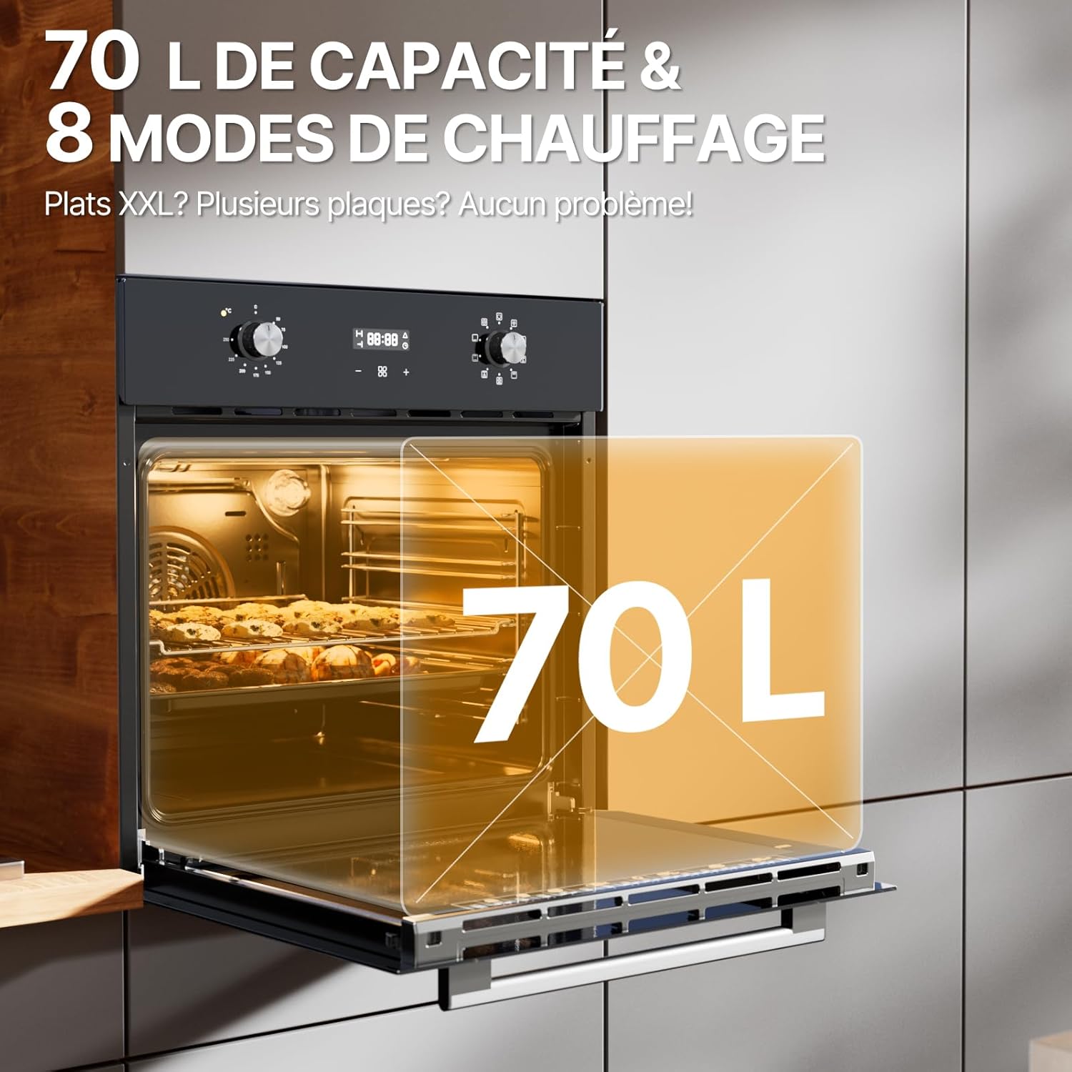 Four encastrable - 60 cm, 70 L, chaleur tournante 4D, 8 modes, sécurité enfant