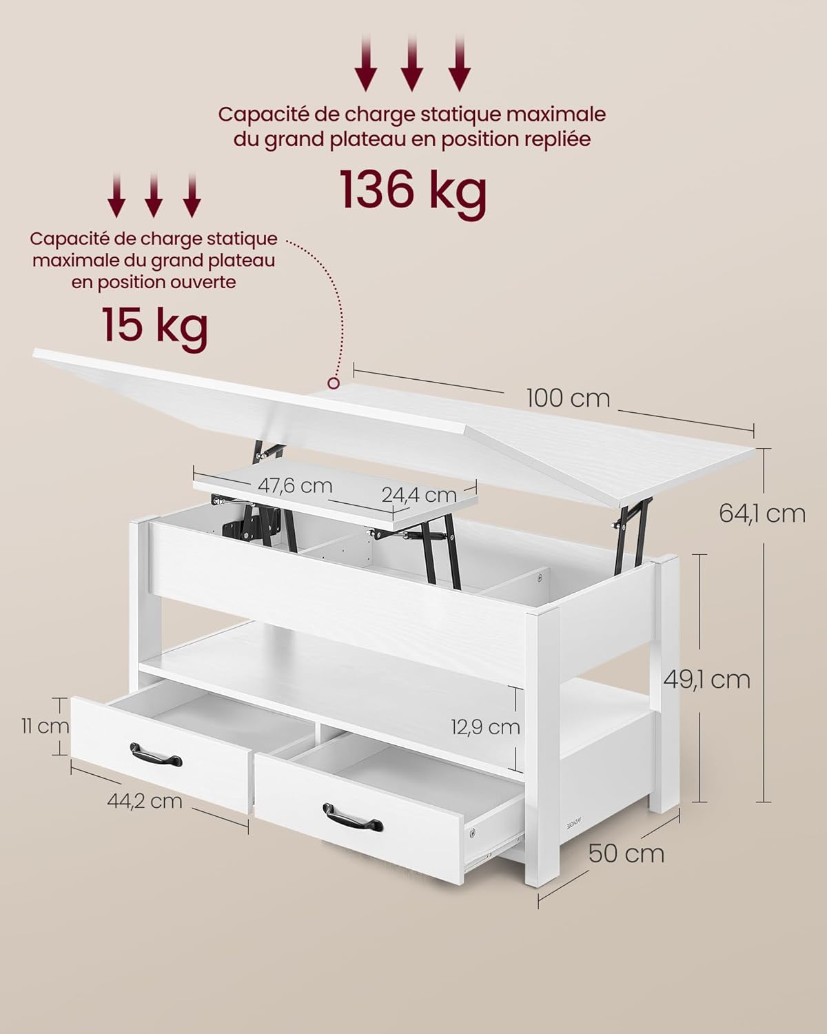 VASAGLE - Table basse relevable, 2 tiroirs, 3 compartiments, blanc, LCT254W02