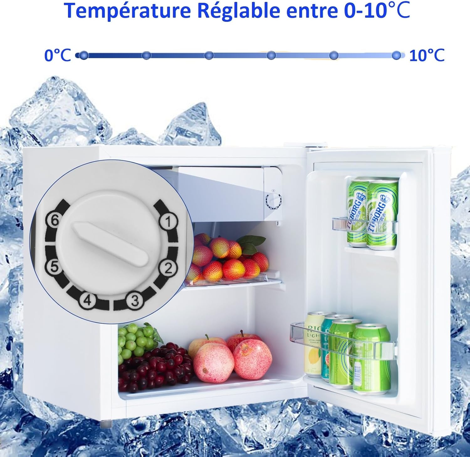 Smad - Mini frigo 48L - porte réversible, 0-10°C, blanc, compact