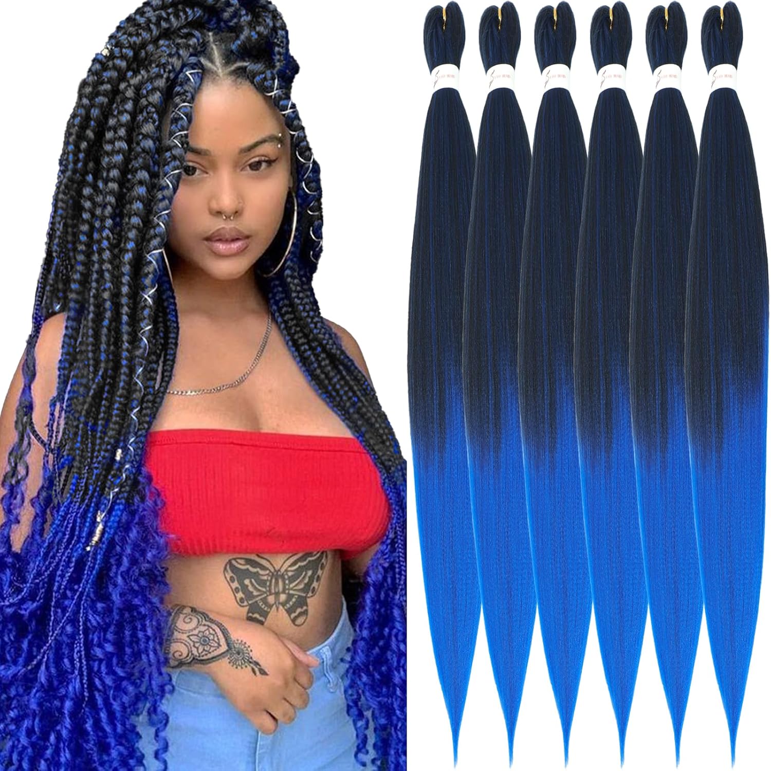 Rajout cheveux - tressés 30 pouces, ombré bleu, kanekalon, synthétique T1B/Blue#