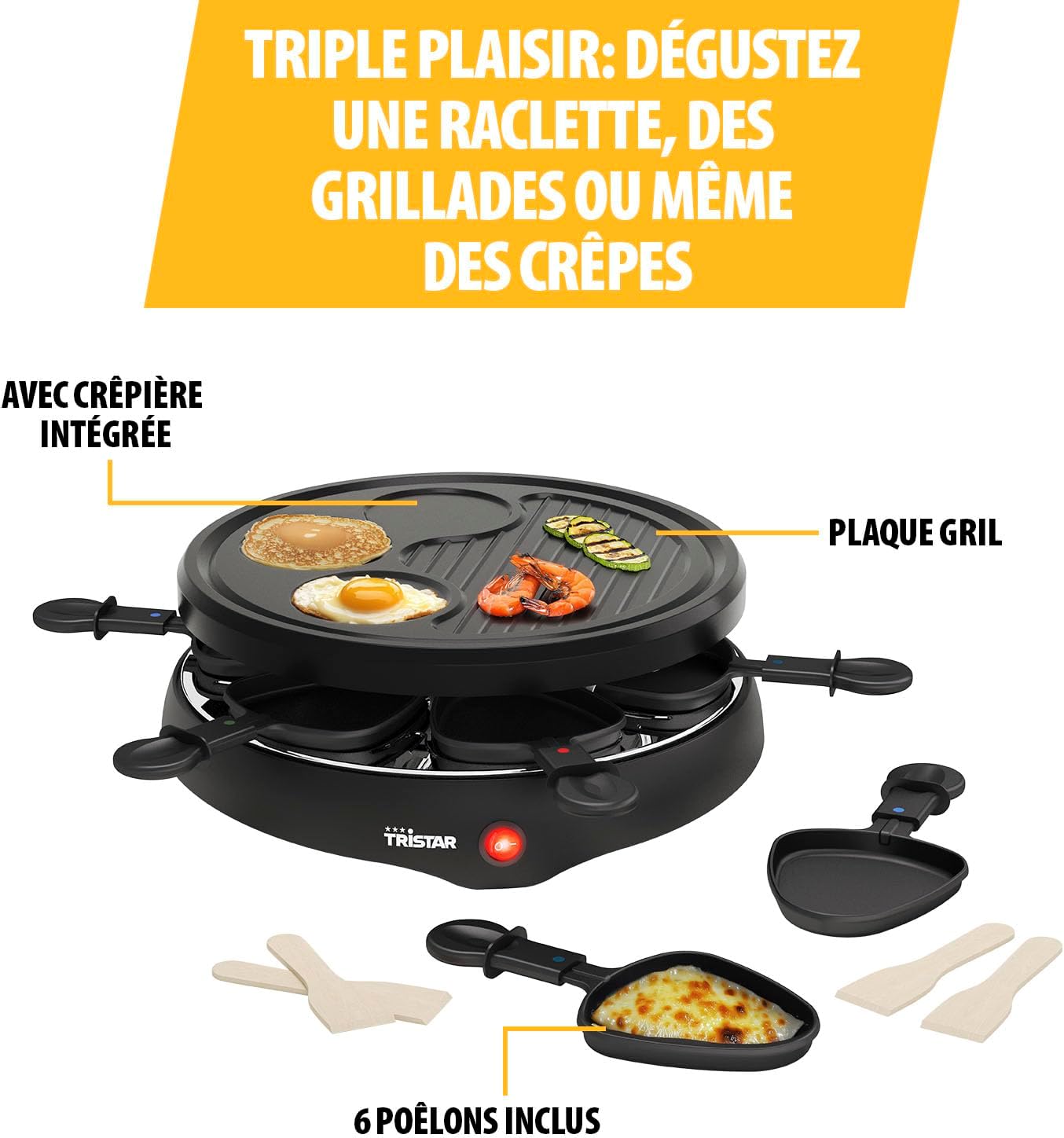 Tristar - Raclette RA-2998 - Ø29cm - 6 poêlons, crêpe, grill, 800W