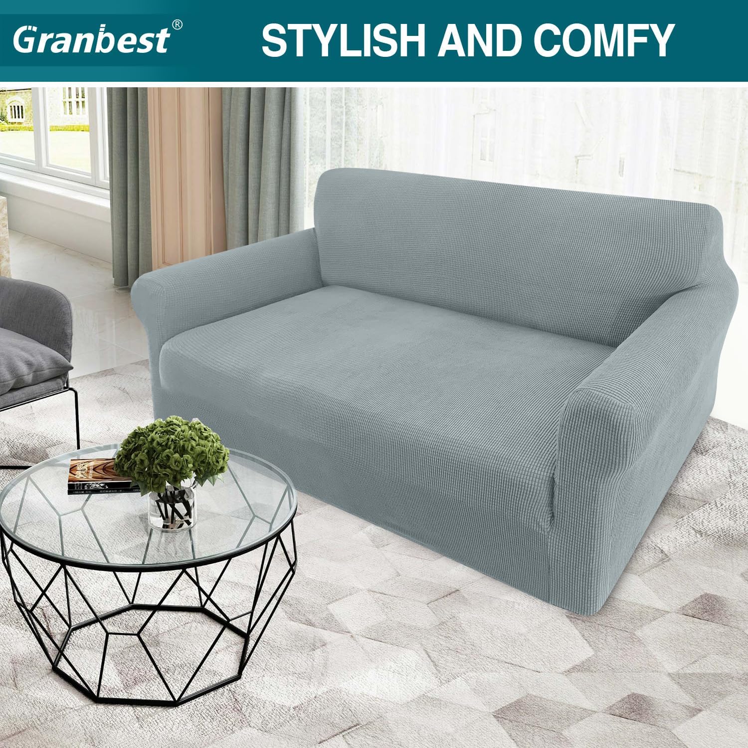 Granbest - housse canapé jacquard 2 places - gris - haute élasticité